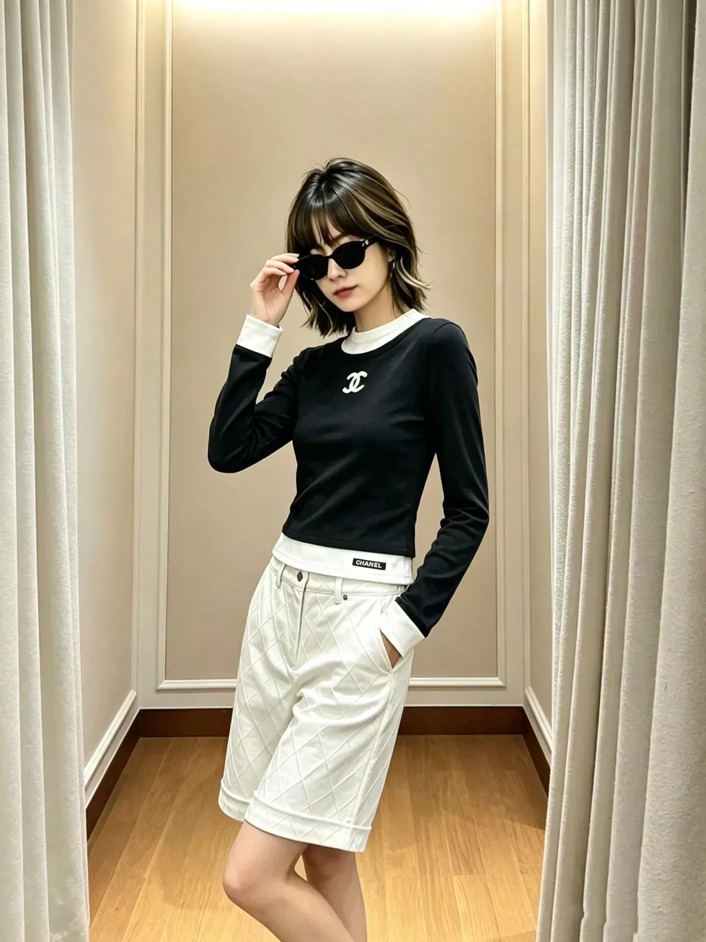 샤넬 배색 코튼 혼방 여성용 긴소매 티셔츠 상세 이미지 13