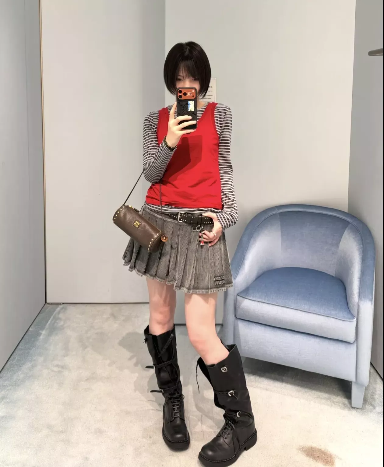 미우미우 스트라이프 레이어드 여성용 긴소매 티셔츠 상세 이미지 10