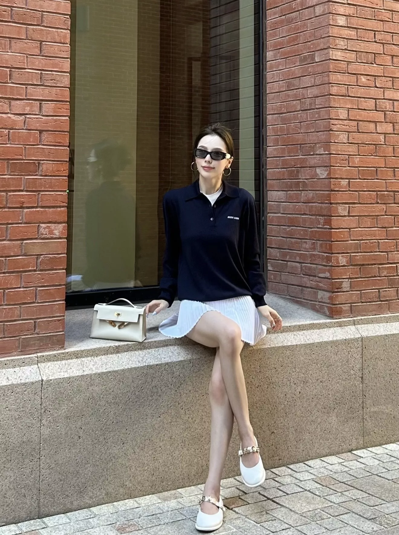 미우미우 폴로 칼라 코튼 혼방 여성용 긴소매 니트 상세 이미지 13