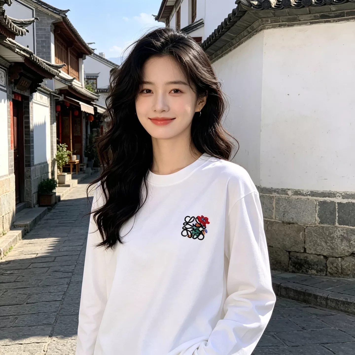 로에베 플라워 자수 로고 남녀공용 긴소매 티셔츠 상세 이미지 12