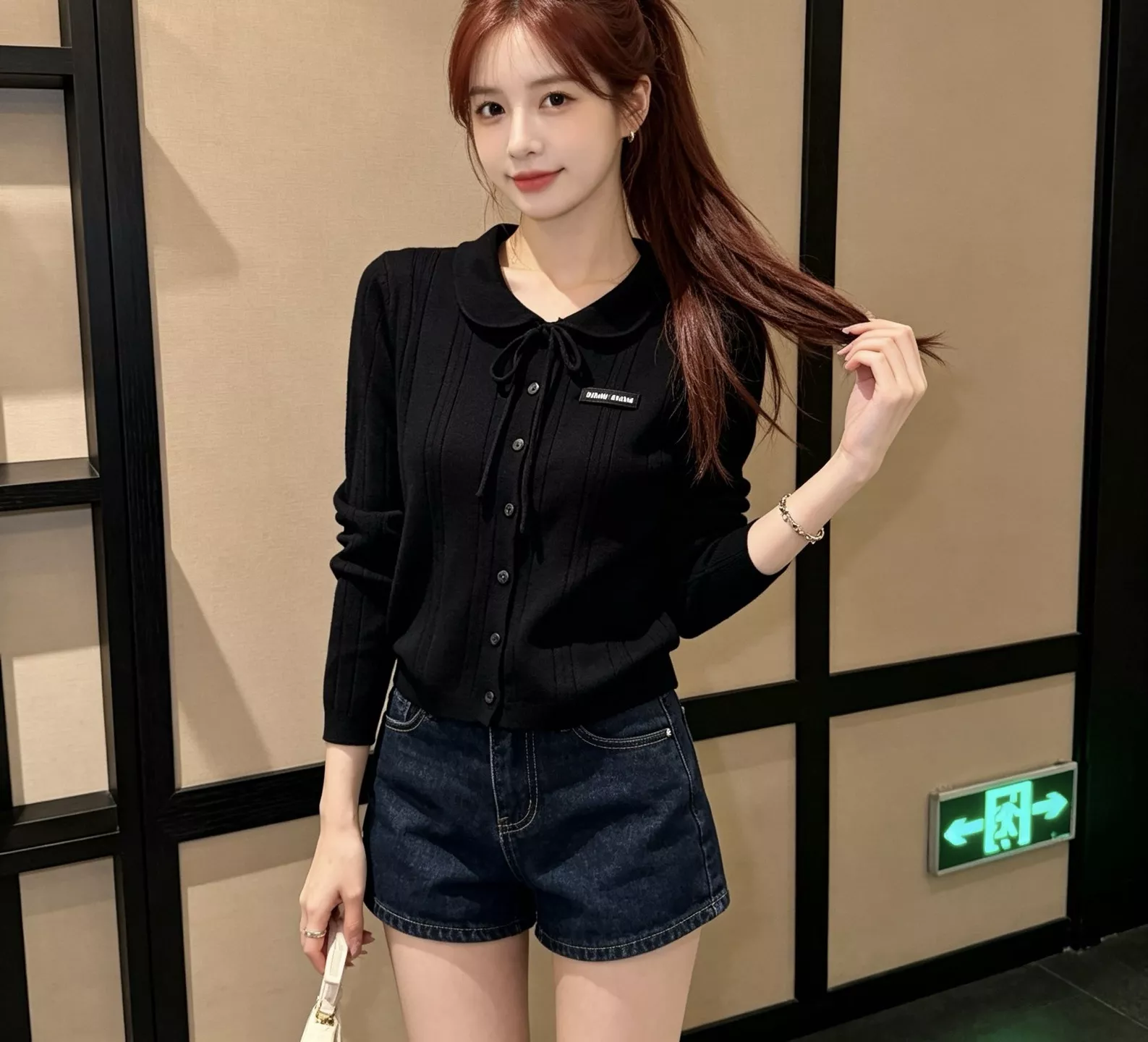 미우미우 리본 디테일 울 니트 여성용 긴소매 가디건 상세 이미지 11