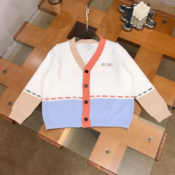 펜디 배색 자수 로고 아동용 긴소매 가디건