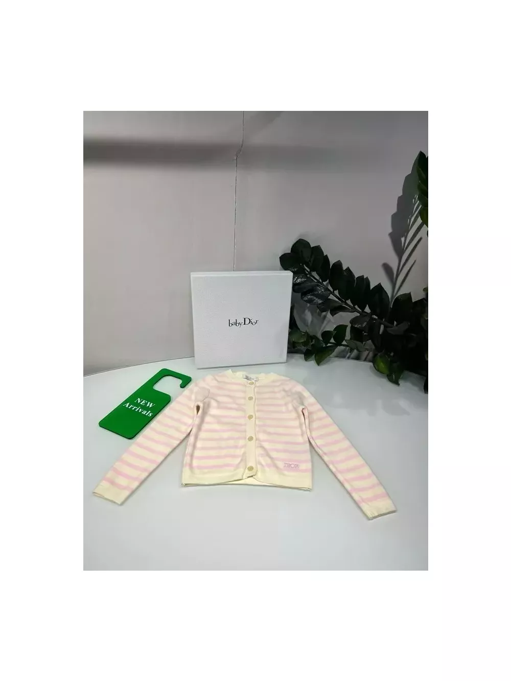 디올 스트라이프 자수 로고 아동용 긴소매 가디건