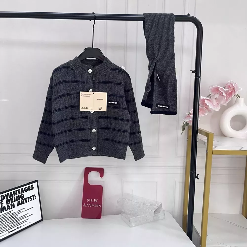미우미우 가로 줄무늬 골지 아동용 긴소매 가디건