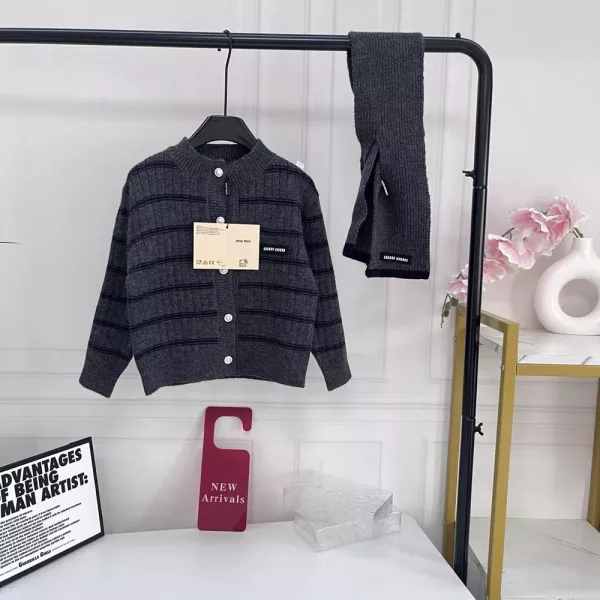 미우미우 가로 줄무늬 골지 아동용 긴소매 가디건