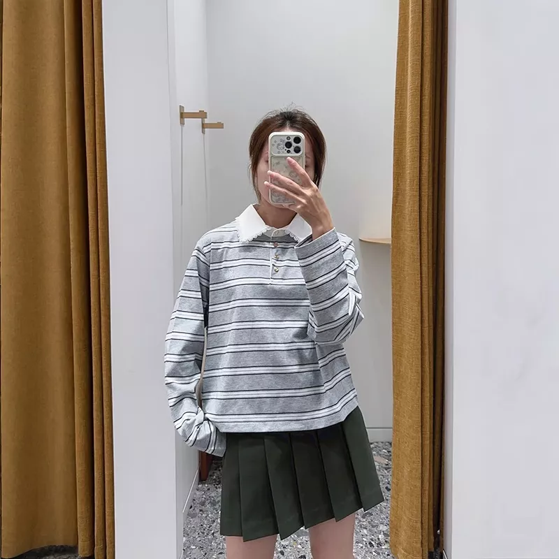 노브랜드 레이스 카라 스트라이프 여성용 긴소매 티셔츠 상세 이미지 2