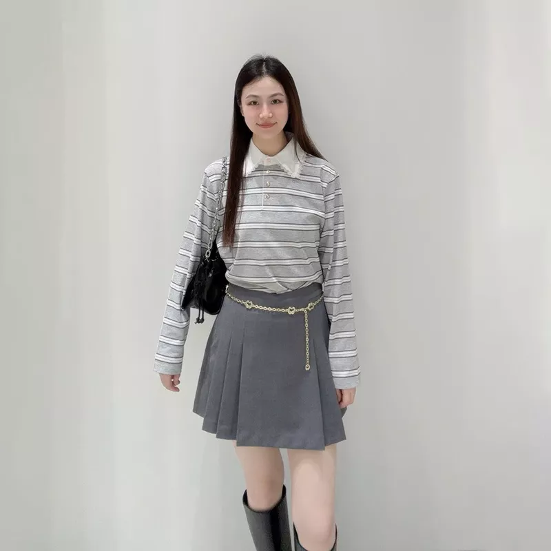 노브랜드 레이스 카라 스트라이프 여성용 긴소매 티셔츠 상세 이미지 3