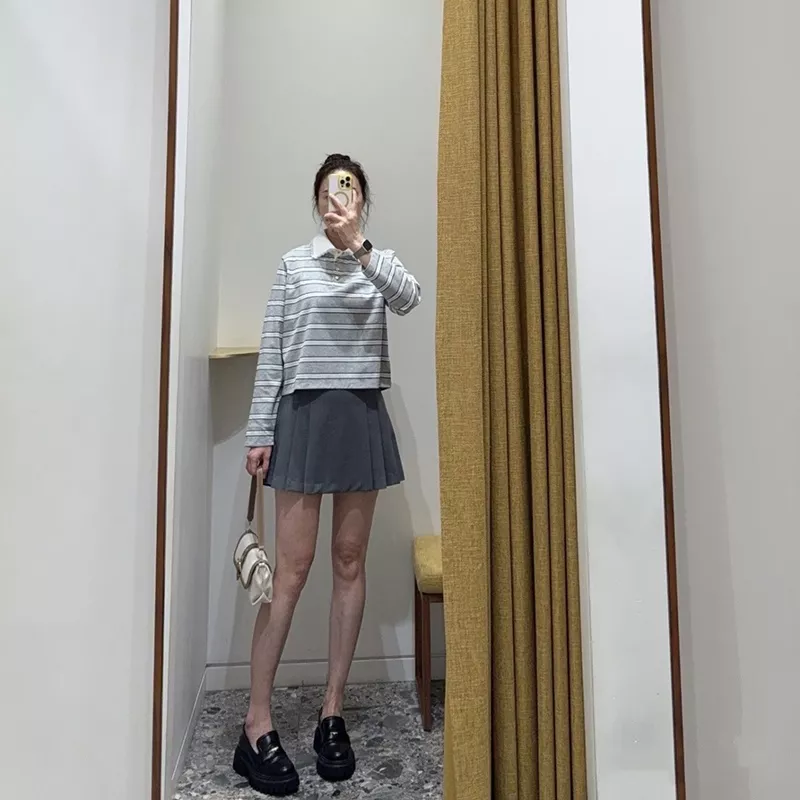 노브랜드 레이스 카라 스트라이프 여성용 긴소매 티셔츠 상세 이미지 4