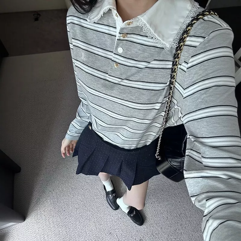 노브랜드 레이스 카라 스트라이프 여성용 긴소매 티셔츠 상세 이미지 6