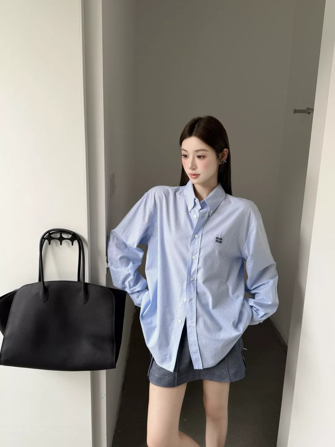 미우미우 잔체크 자수 면 남녀공용 긴소매 셔츠 상세 이미지 24