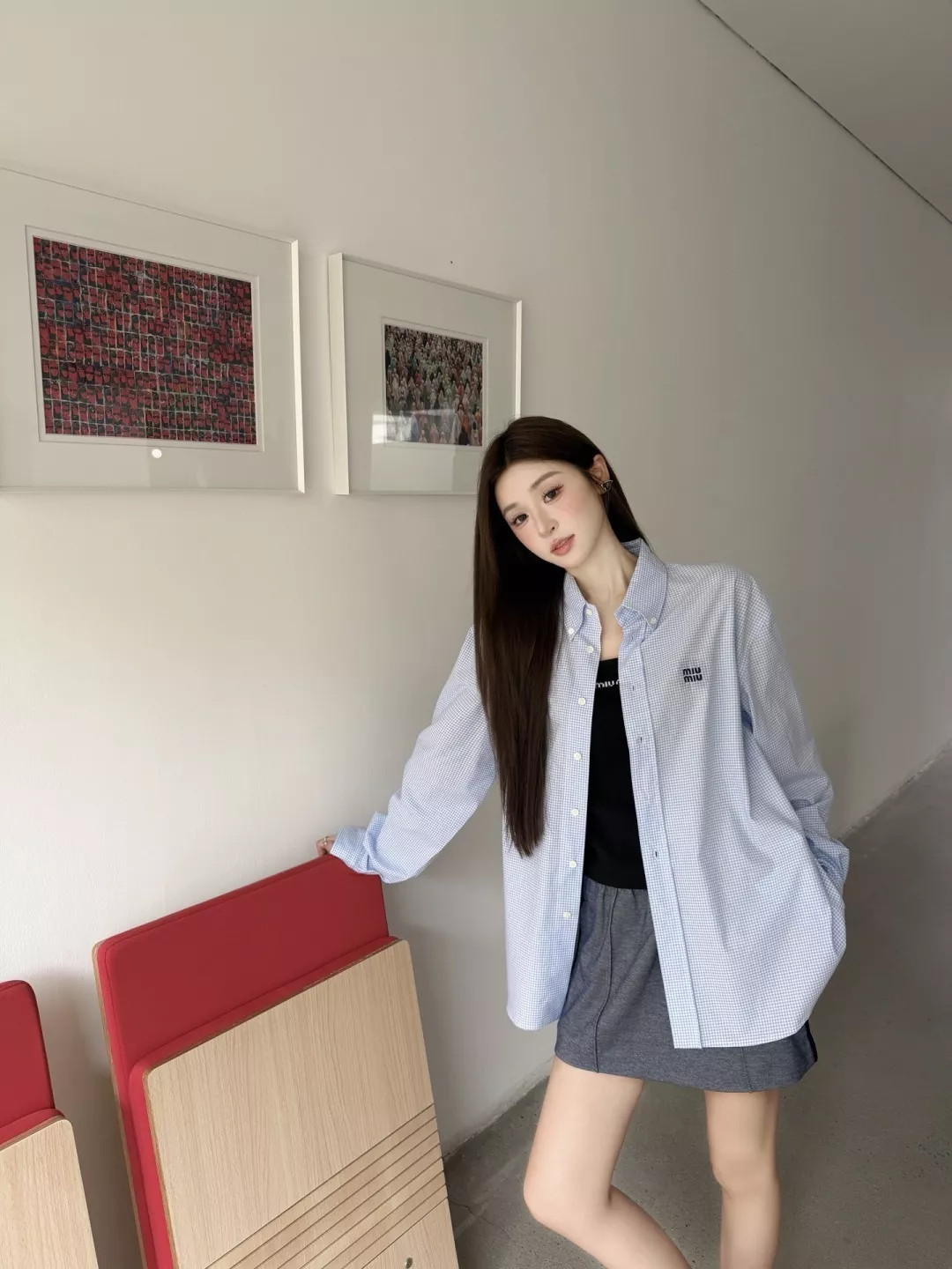 미우미우 잔체크 자수 면 남녀공용 긴소매 셔츠 상세 이미지 25