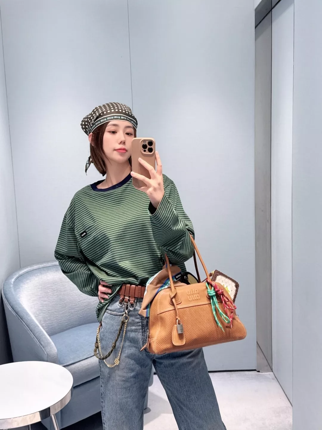 미우미우 잔줄무늬 면 남녀공용 긴소매 티셔츠 상세 이미지 19