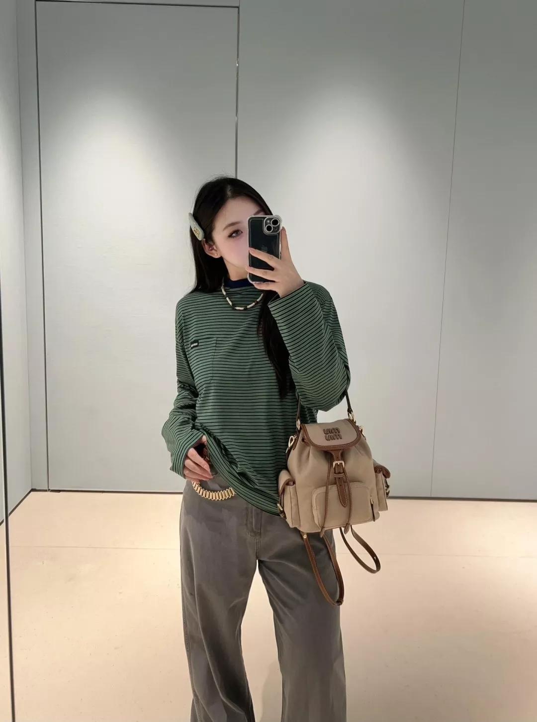 미우미우 잔줄무늬 면 남녀공용 긴소매 티셔츠 상세 이미지 20