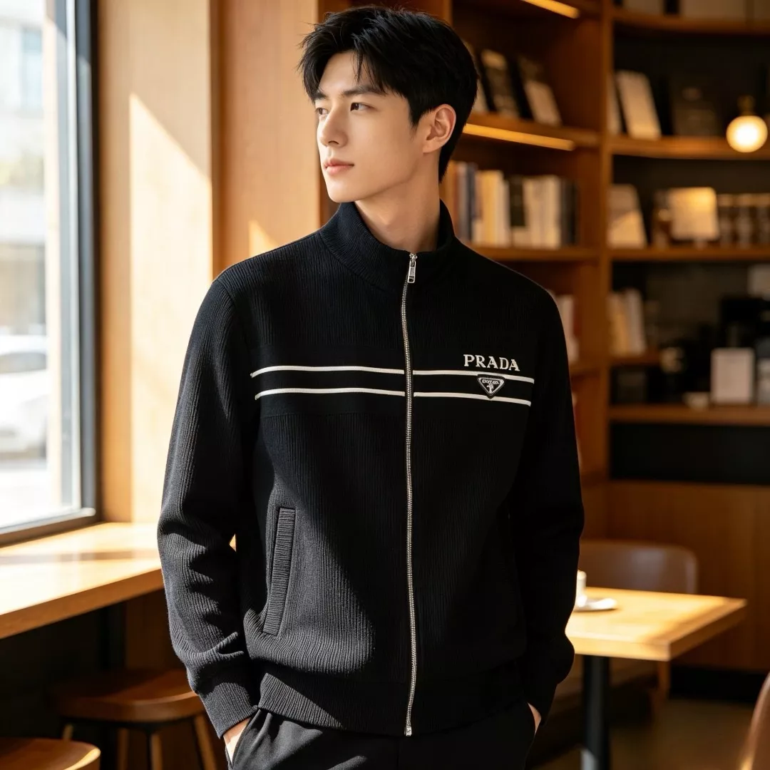 프라다 이중 줄무늬 집업 남녀공용 니트 재킷 상세 이미지 15
