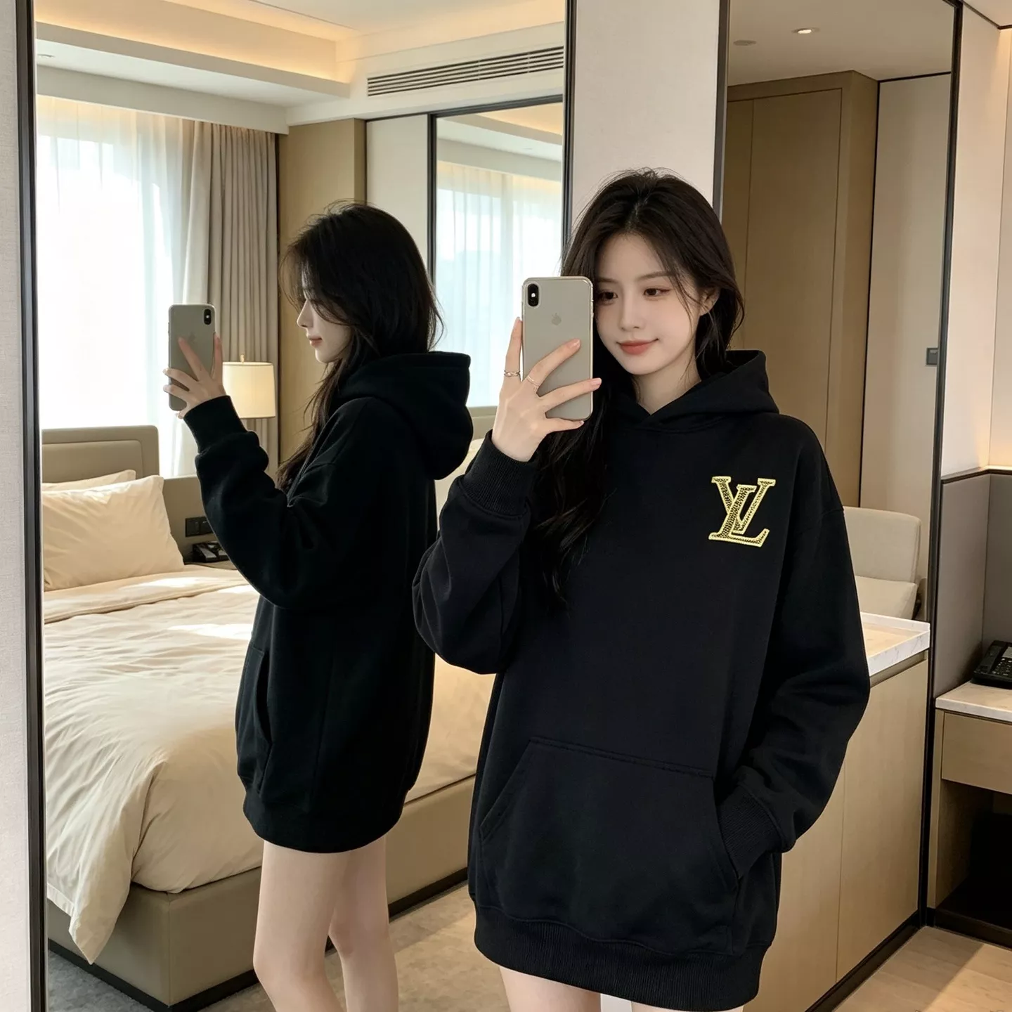 루이비통 자수 로고 루즈핏 남녀공용 후드 티셔츠 상세 이미지 13