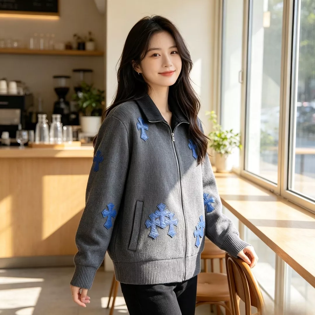 크롬하츠 가죽 십자가 골지 남녀공용 니트 재킷 상세 이미지 13