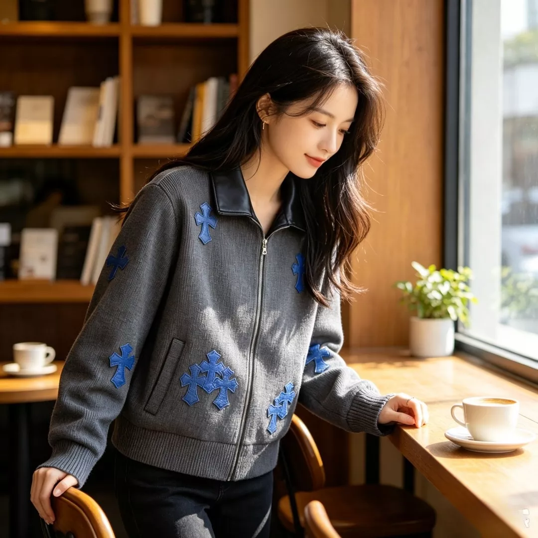 크롬하츠 가죽 십자가 골지 남녀공용 니트 재킷 상세 이미지 15