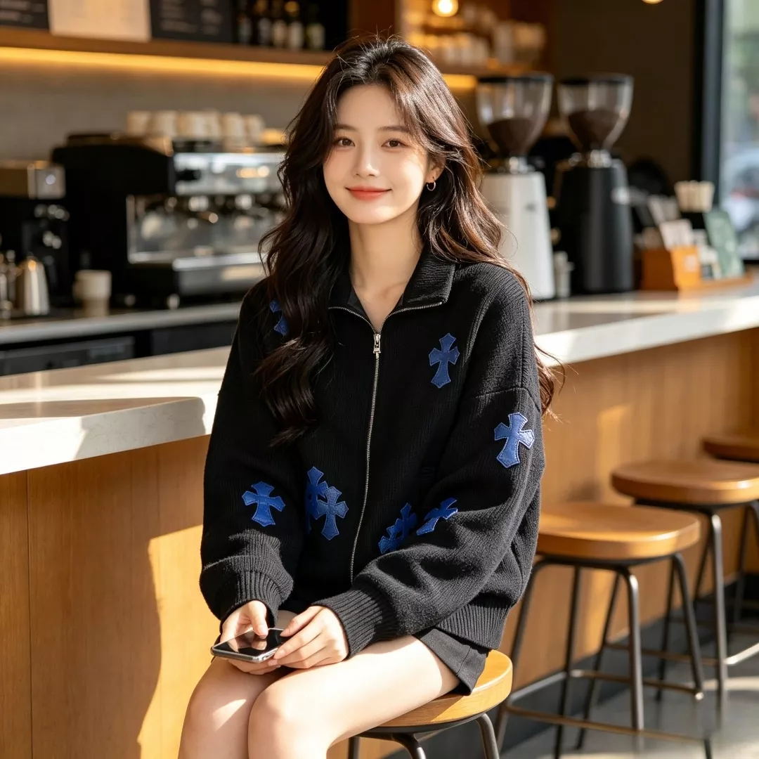 크롬하츠 십자가 패치 골지 남녀공용 니트 재킷 상세 이미지 12