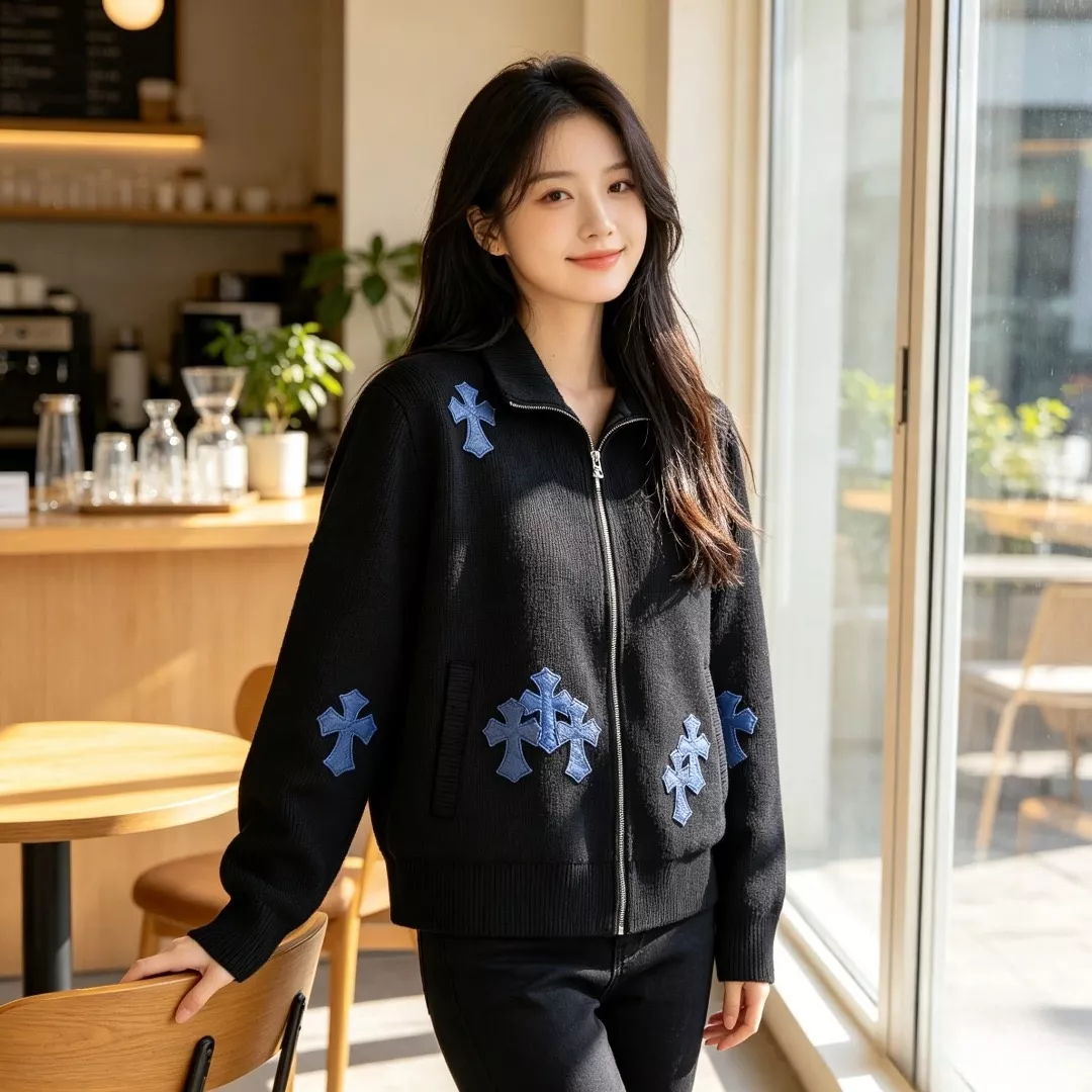 크롬하츠 십자가 패치 골지 남녀공용 니트 재킷 상세 이미지 15