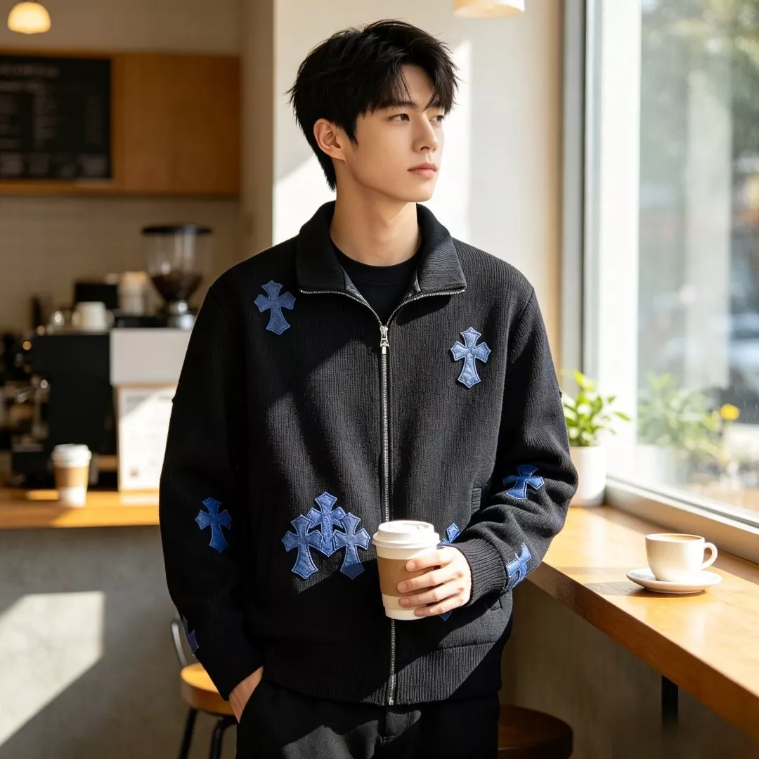 크롬하츠 십자가 패치 골지 남녀공용 니트 재킷 상세 이미지 17