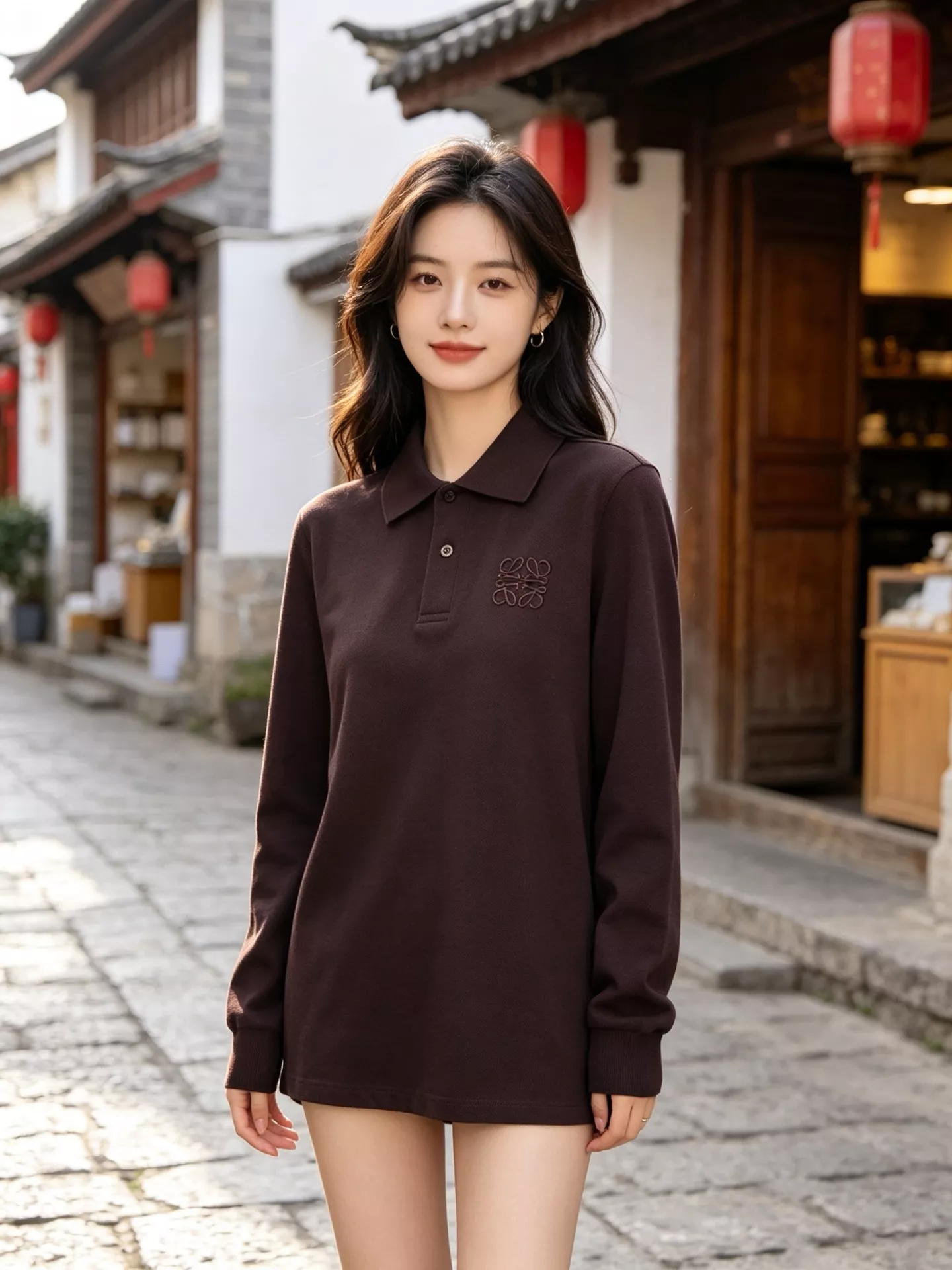 로에베 가슴 자수 카라 남녀공용 긴소매 티셔츠 상세 이미지 12
