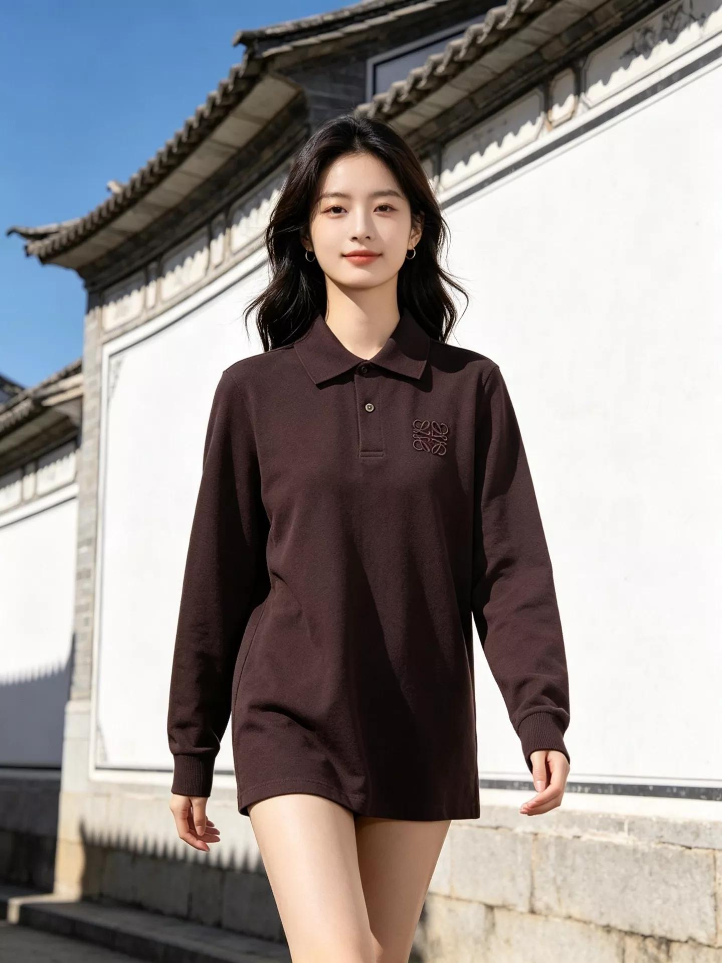 로에베 가슴 자수 카라 남녀공용 긴소매 티셔츠 상세 이미지 13