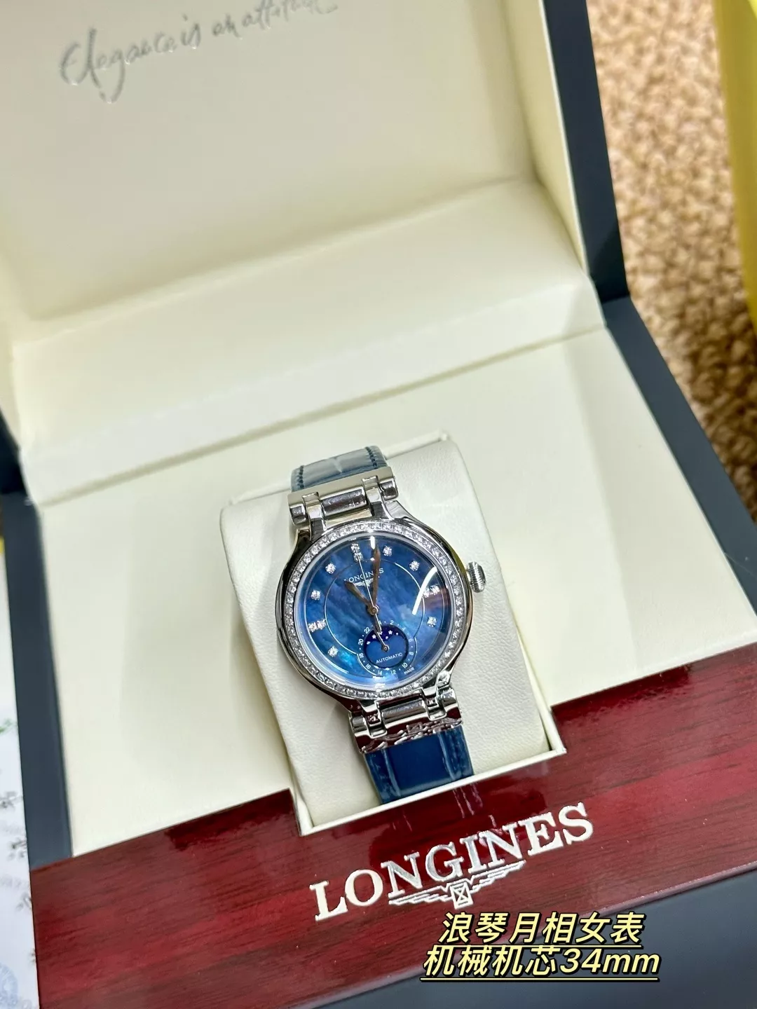 론진 34mm 문페이즈 여성용 가죽 시계 상세 이미지 2