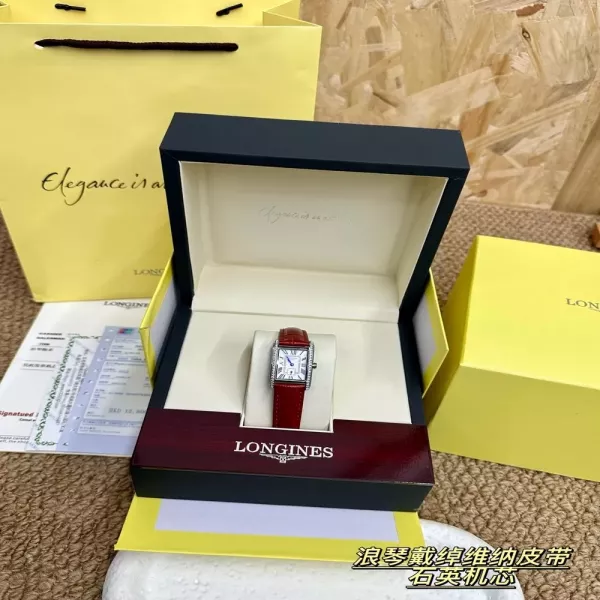 론진 사각 사파이어 쿼츠 남녀공용 가죽 시계