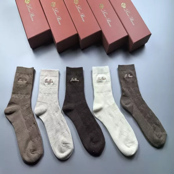 로로피아나 로고 자수 순면 5켤레 남녀공용 장목 양말