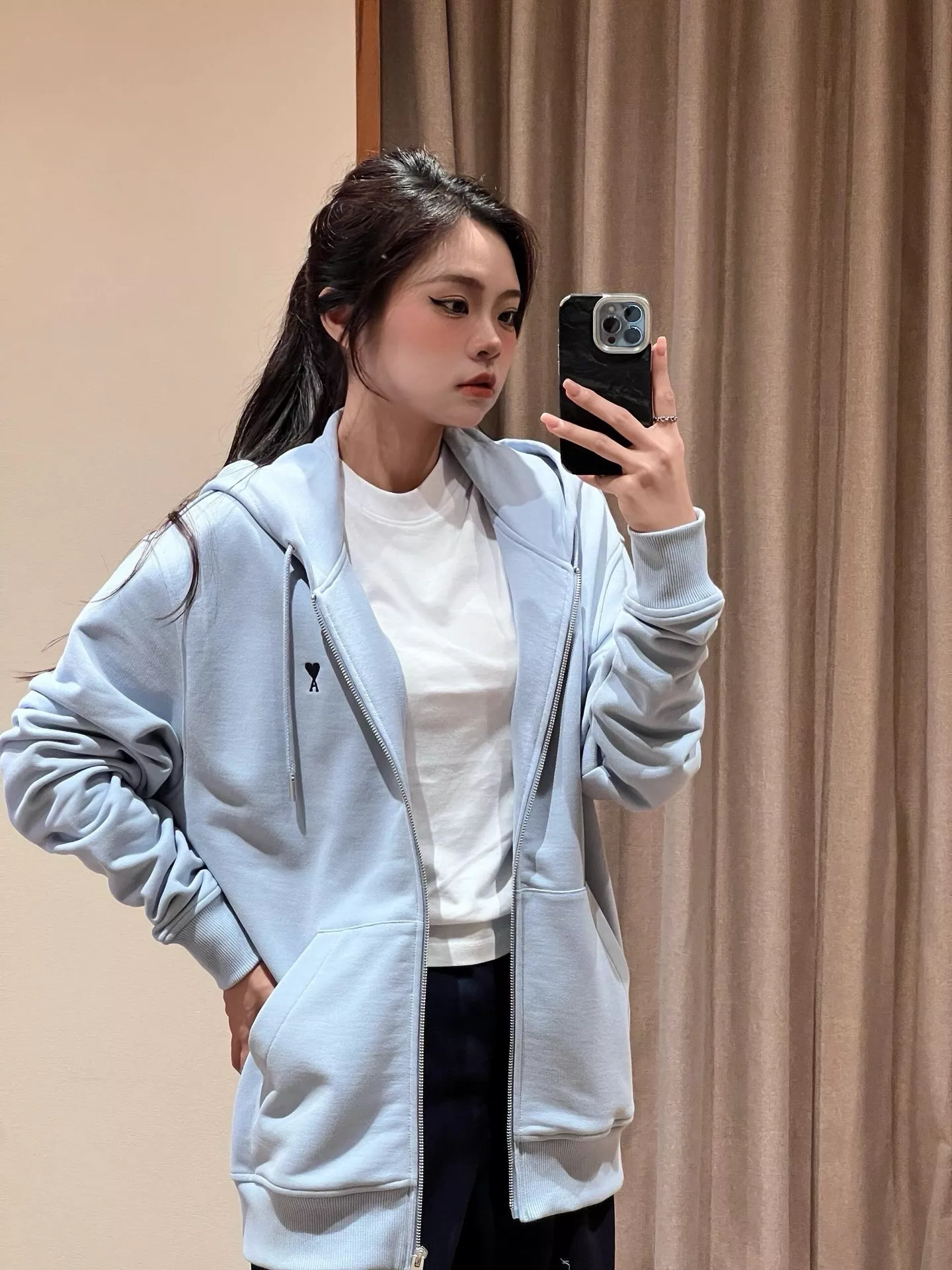 아미 하트 자수 면 남녀공용 후드 재킷 상세 이미지 18
