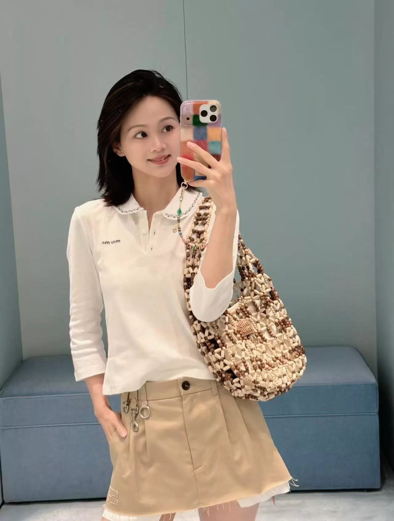 미우미우 프릴 칼라 자수 여성용 긴소매 티셔츠 상세 이미지 10