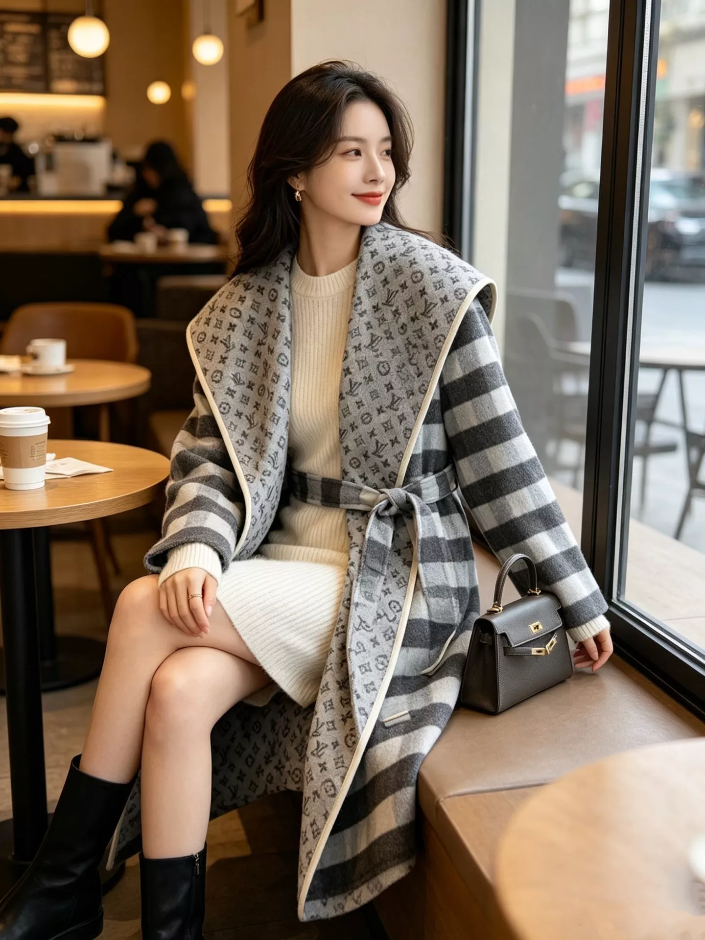 루이비통 체크 배색 벨트 여성용 하프 코트 상세 이미지 61