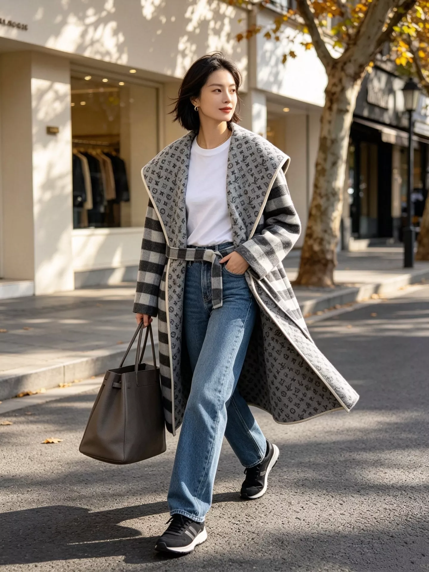 루이비통 체크 배색 벨트 여성용 하프 코트 상세 이미지 64