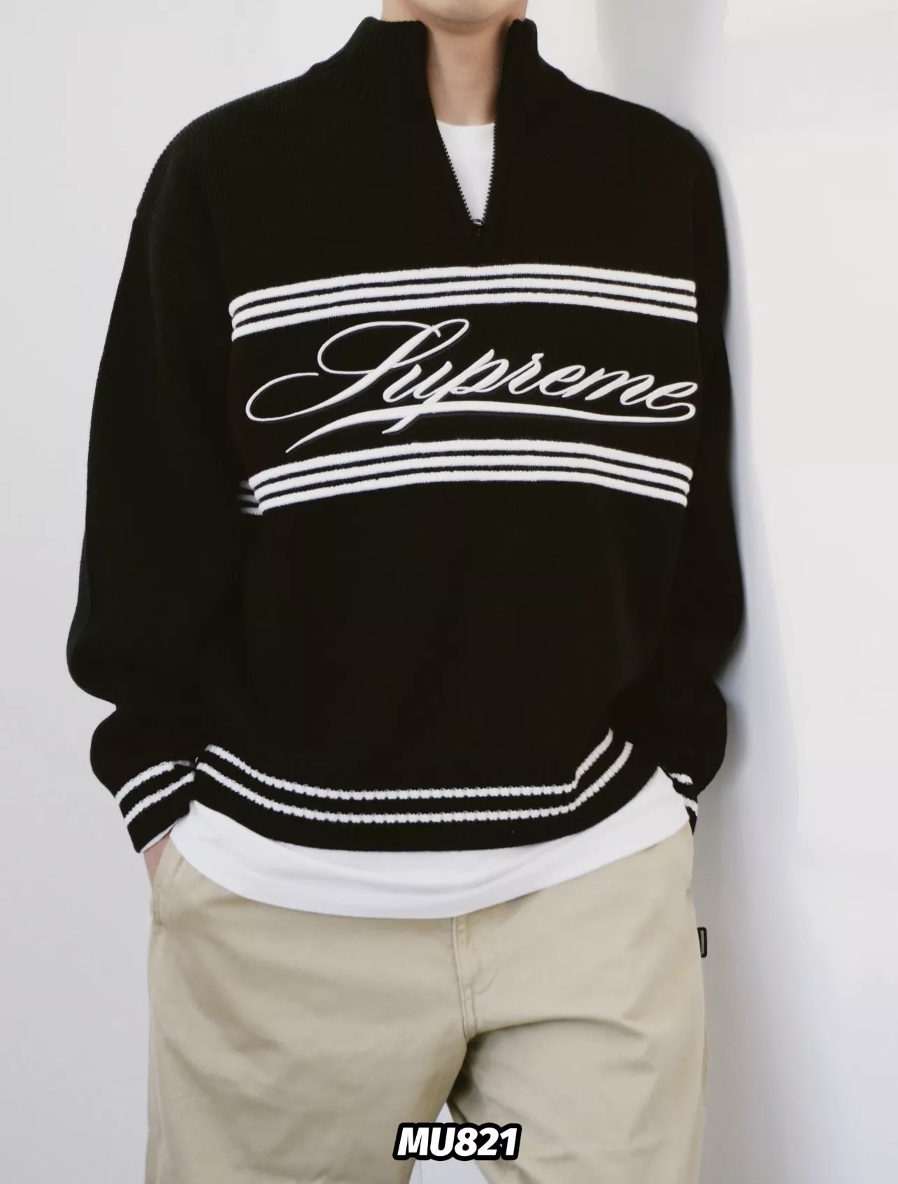 슈프림 줄무늬 반집업 남녀공용 긴소매 니트 상세 이미지 23