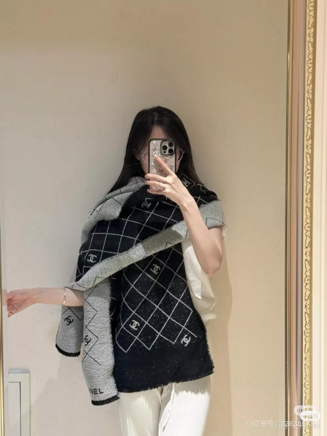 샤넬 격자 패턴 프린지 직사각 머플러 상세 이미지 10