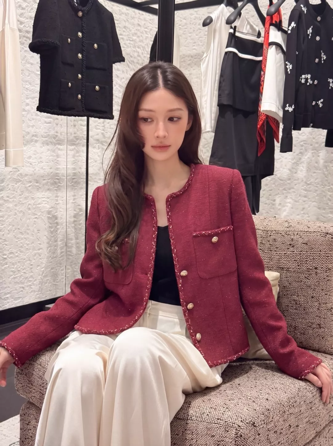 샤넬 반짝임 숏 기장 여성용 트위드 재킷 상세 이미지 10
