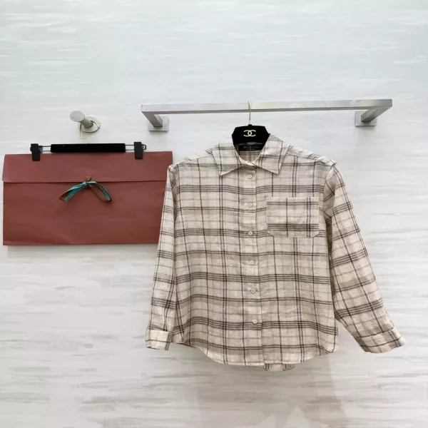 로로피아나 체크 리넨 여성용 긴소매 셔츠