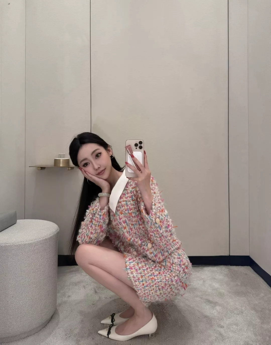 발렌티노 배색 칼라 크롭 여성용 트위드 재킷 상세 이미지 10