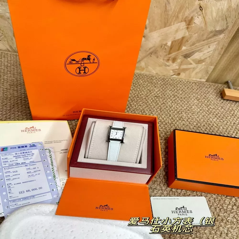 에르메스 사각 다이얼 남녀공용 가죽 시계