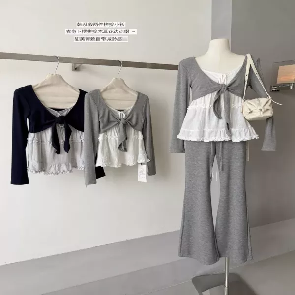 노브랜드 프릴 밑단 여성용 긴소매 티셔츠