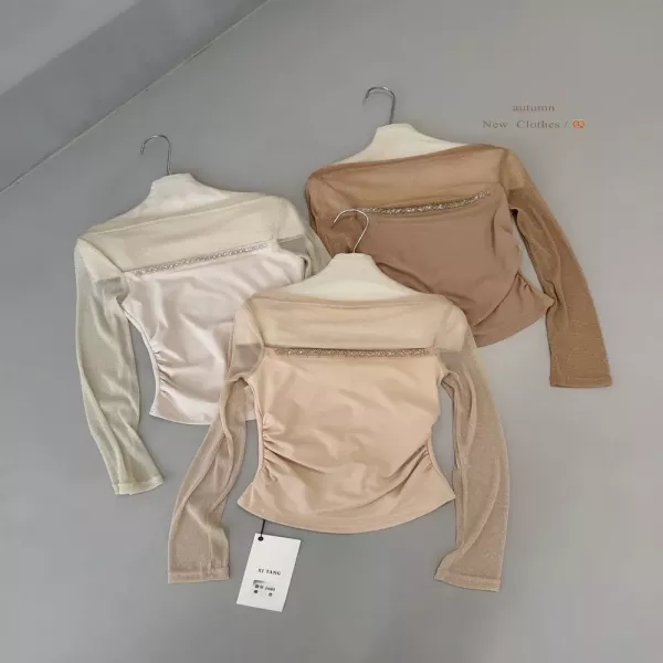 노브랜드 오프숄더 메쉬 여성용 긴소매 티셔츠