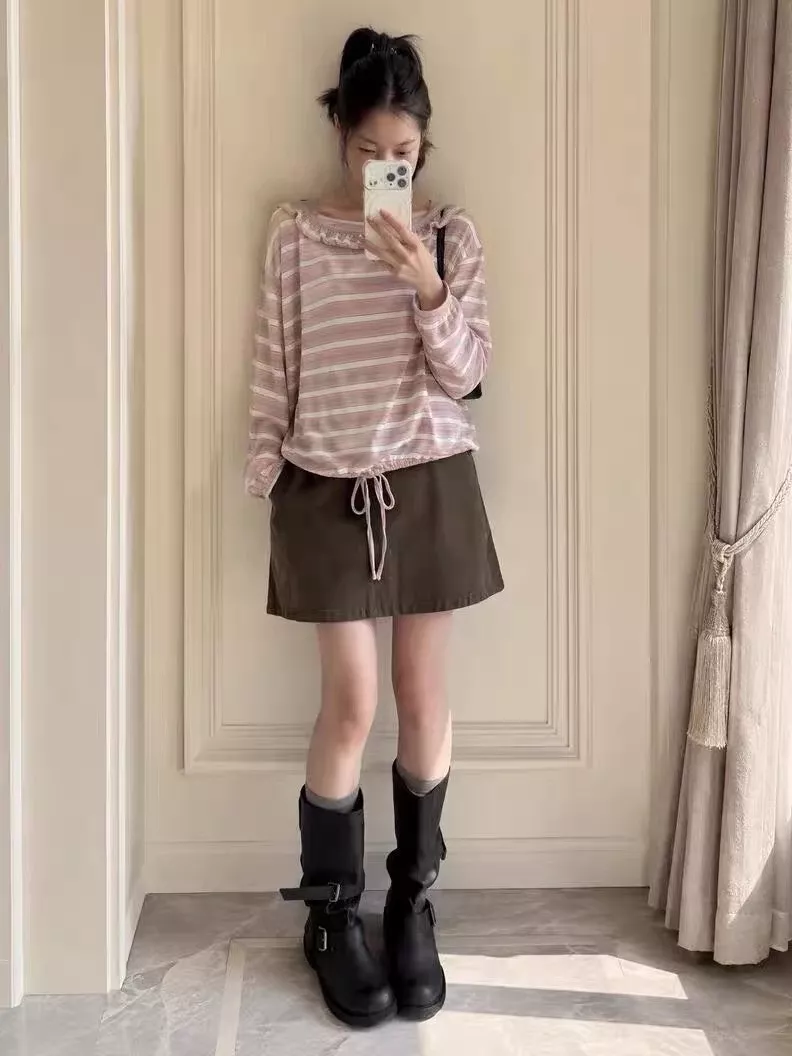 노브랜드 스트라이프 프릴 여성용 긴소매 티셔츠 상세 이미지 42