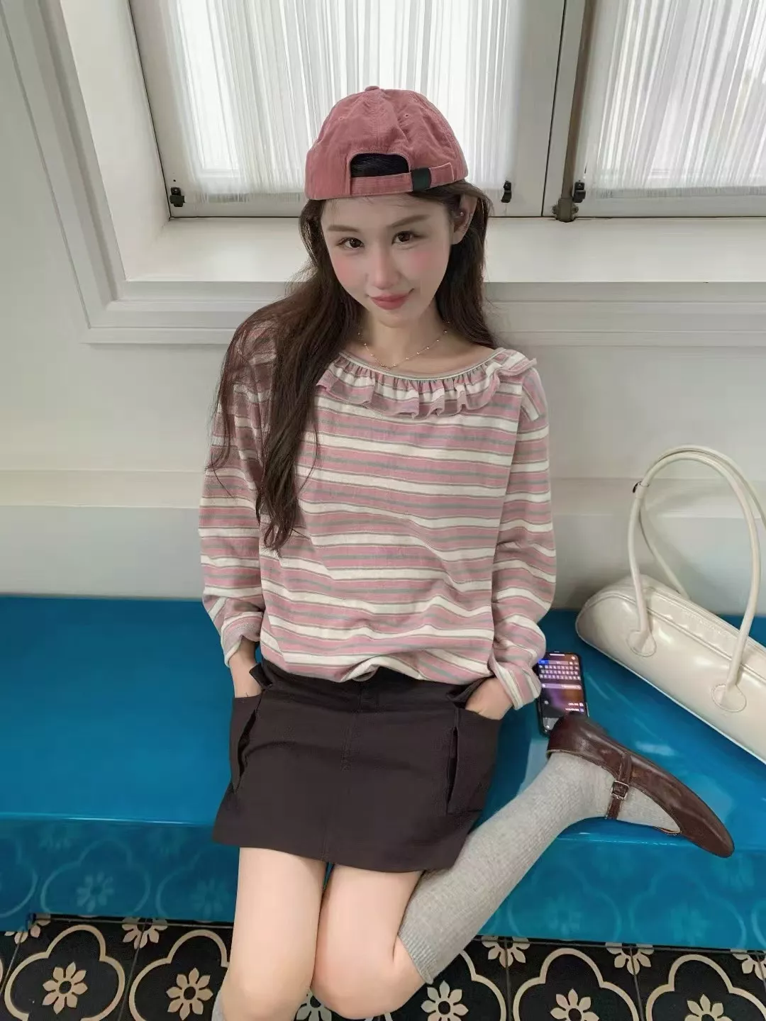 노브랜드 스트라이프 프릴 여성용 긴소매 티셔츠 상세 이미지 52