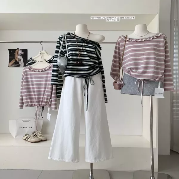 노브랜드 스트라이프 프릴 여성용 긴소매 티셔츠