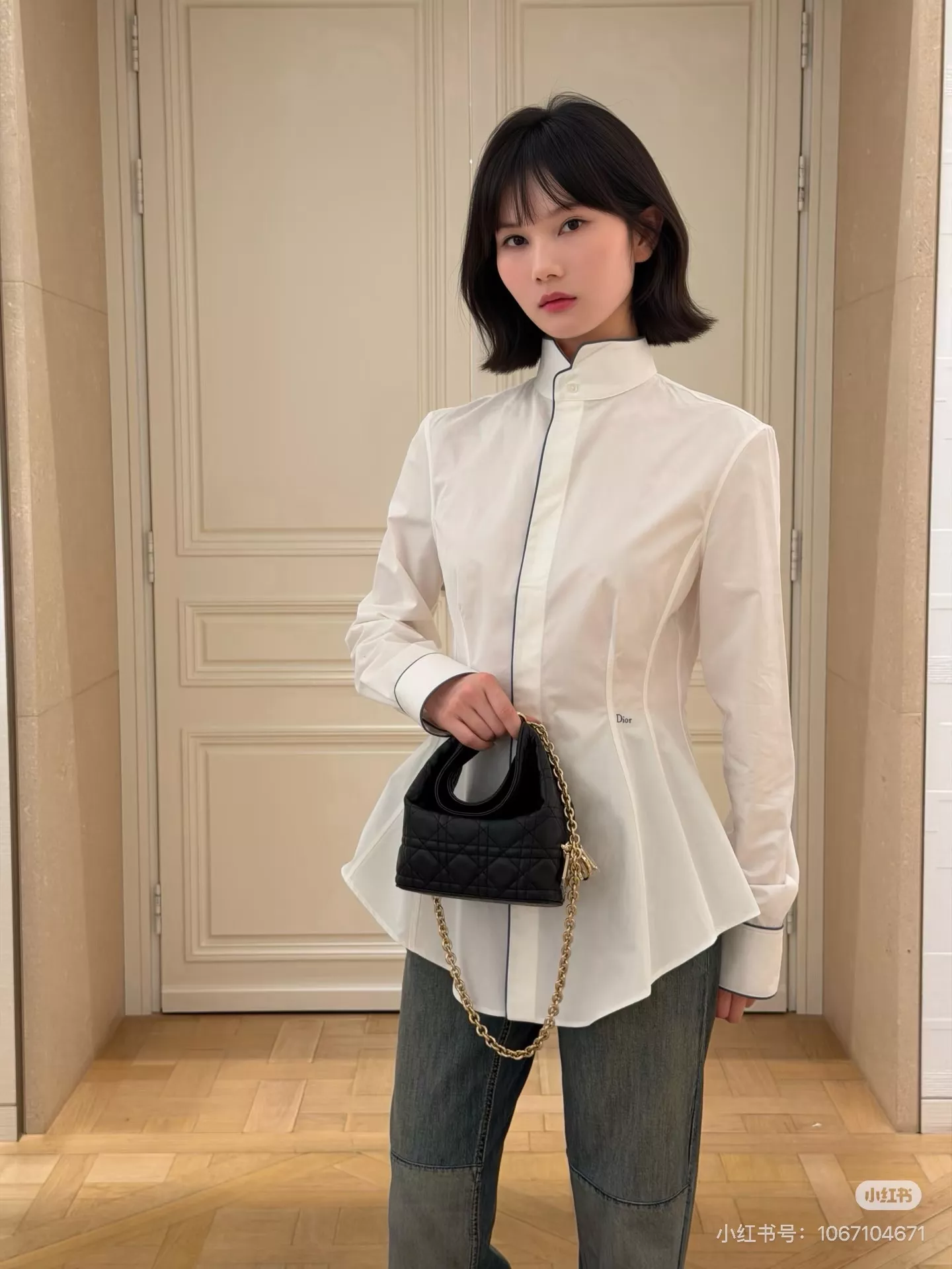 디올 배색 스탠드넥 여성용 긴소매 셔츠 상세 이미지 21