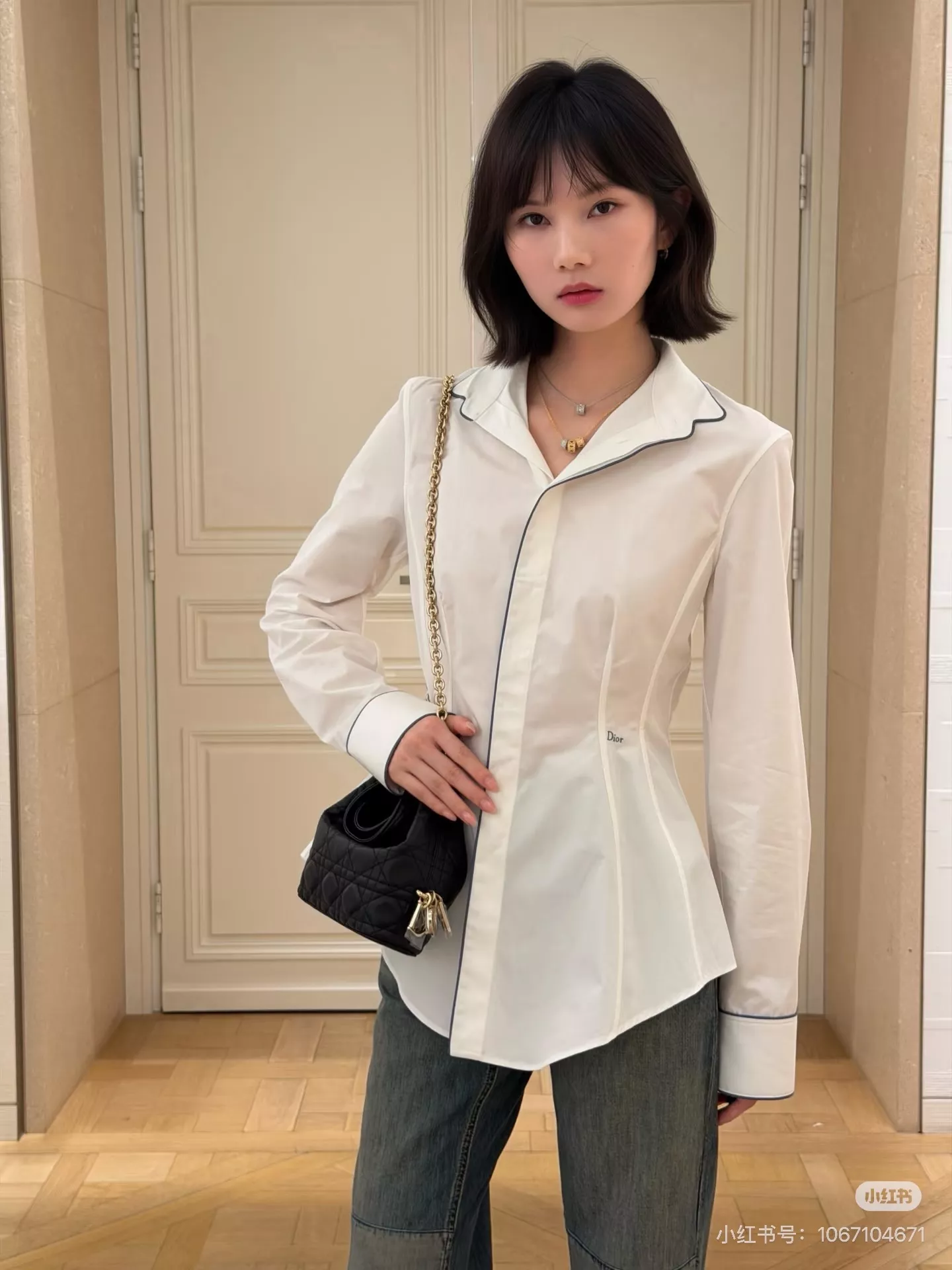 디올 배색 스탠드넥 여성용 긴소매 셔츠 상세 이미지 23