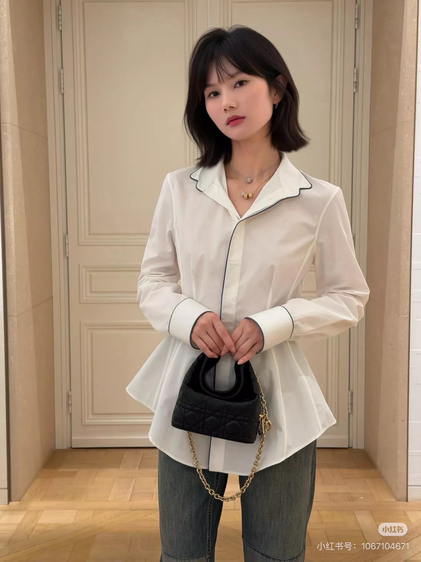 디올 배색 스탠드넥 여성용 긴소매 셔츠 상세 이미지 26