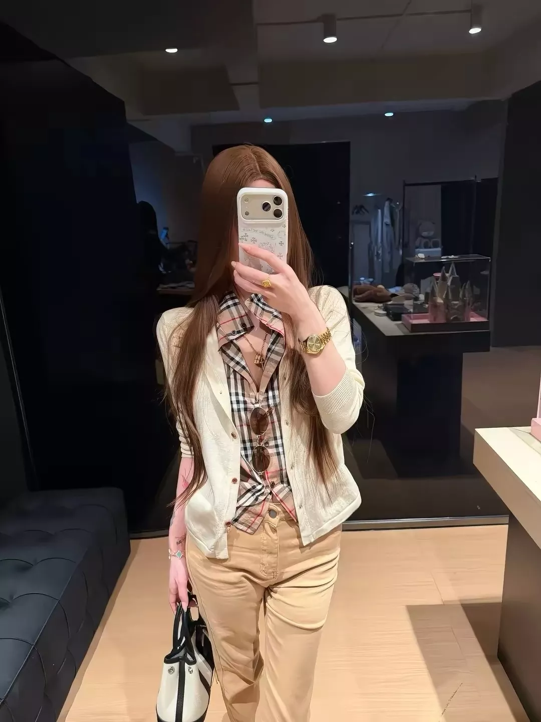 버버리 체크 셔츠 배색 여성용 긴소매 가디건 상세 이미지 23