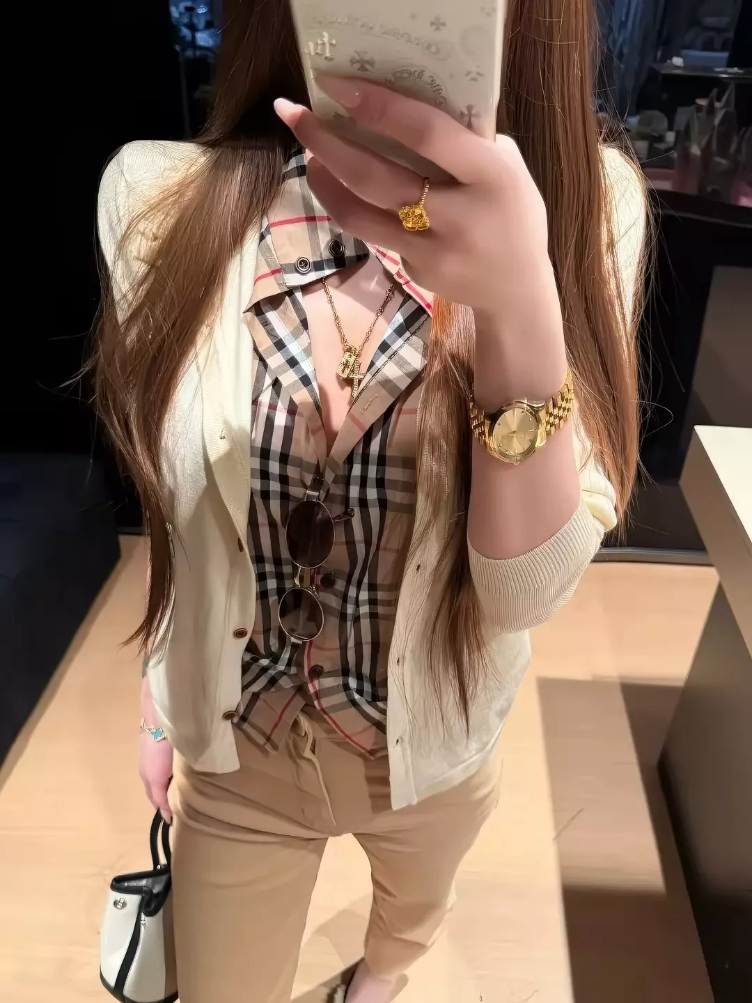 버버리 체크 셔츠 배색 여성용 긴소매 가디건 상세 이미지 24
