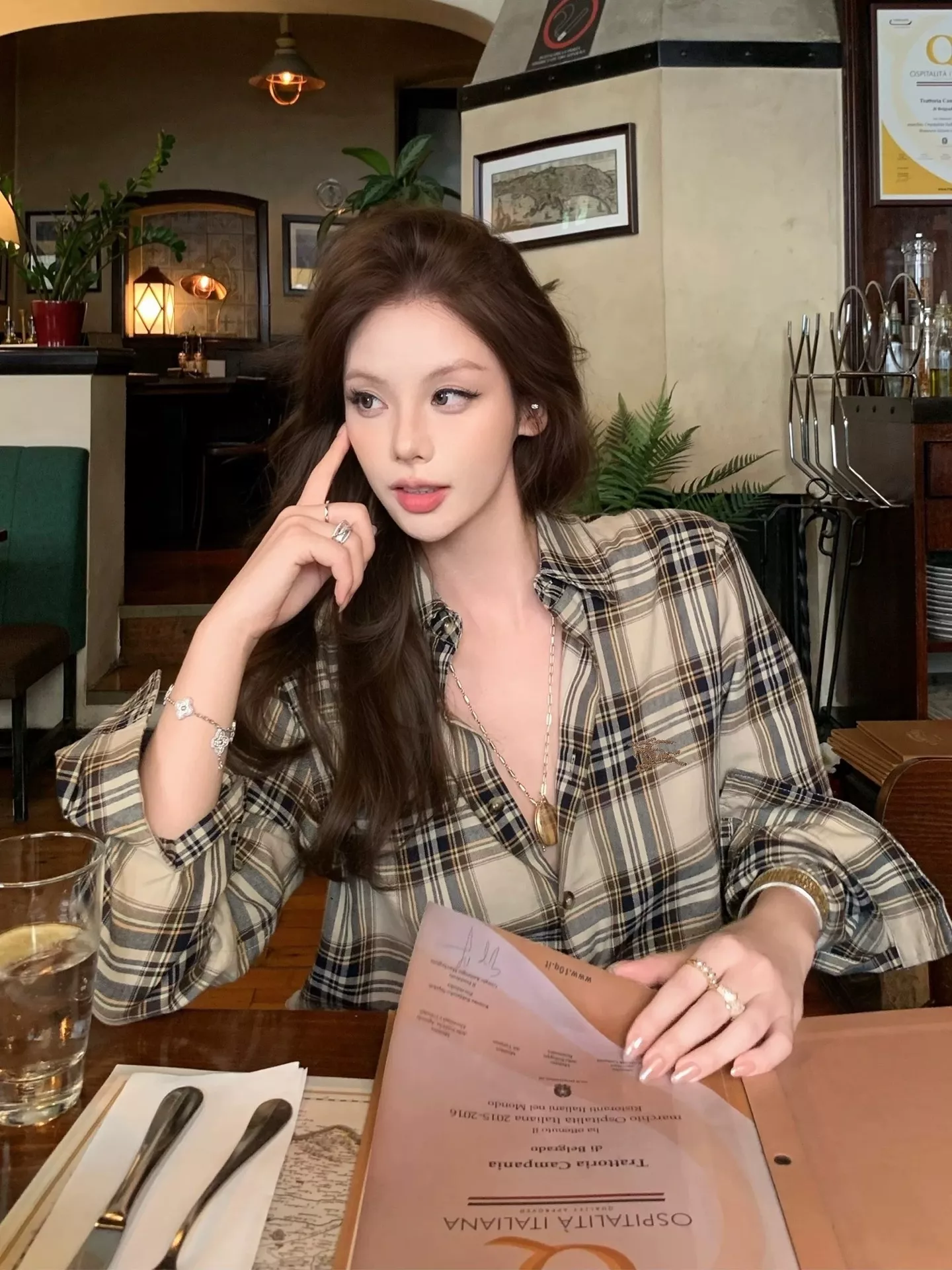 버버리 체크 자수 기모 면 여성용 긴소매 셔츠 상세 이미지 22